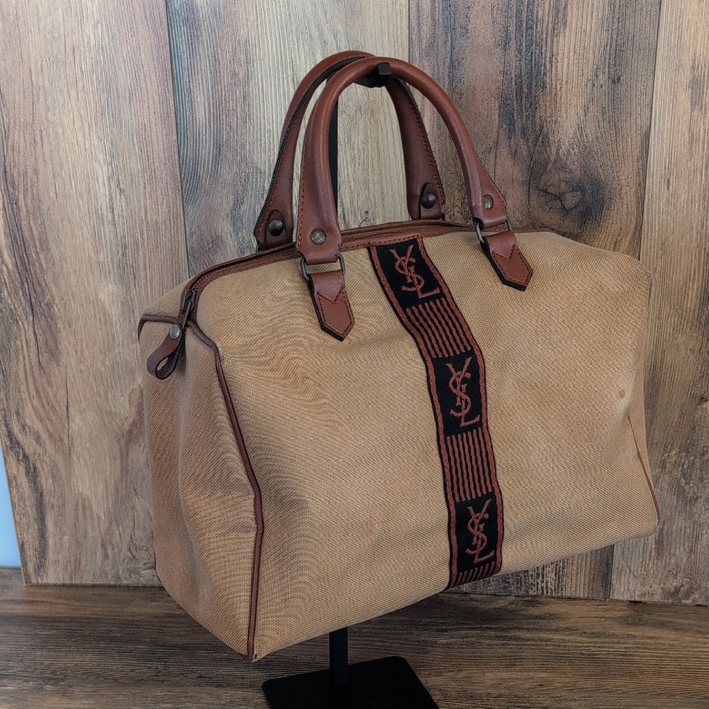 YSL Yves Saint Laurent Vintage Canvas Mini Boston Brown Leather Trim HandBag - Picture 2 of 13